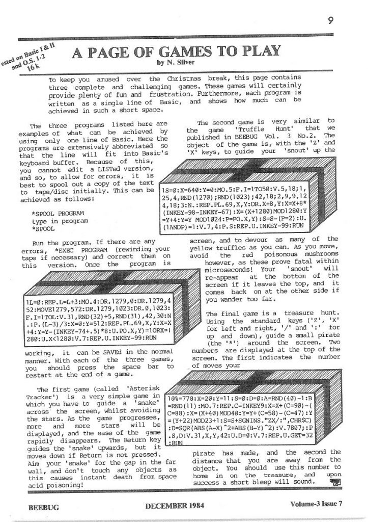 page of text from Beebug magazine, including full program text and description of the game