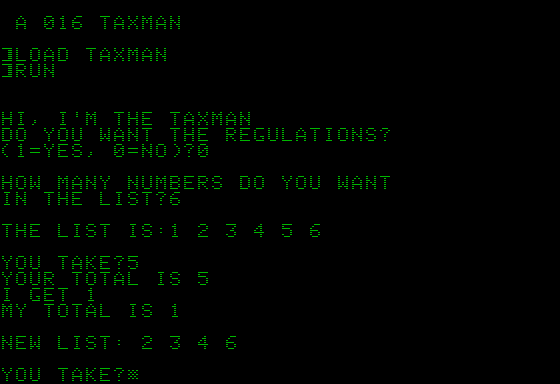 taxman running on Apple II: loaded from disk, started with 6 numbers
