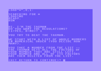 taxman: Commodore 64 showing the instructions