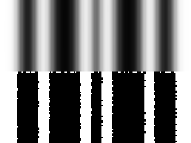 split image of simulated printed barcode: top image is five indistinct black-grey bars merging into a white background, bottom image is the same vertical lines, rendered crisply but showing some slightly rough edges