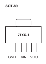 71xx-1 SOT-89 package outline, with three pins at the bottom and one large ground tab (connected to centre pin, but not visible) at the top