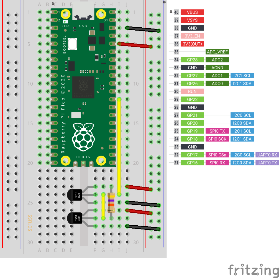breadboard with raspberry Pi Pico, two DS18x20 sensors with 47 k? pull-up resistor between 3V3 power and sensor data line