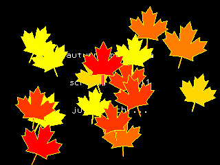 a small black screen images with text in the centre: autumn in canada scruss, 2021-11 just watch ... with sixteen simulated fallen maple leaves mostly covering it