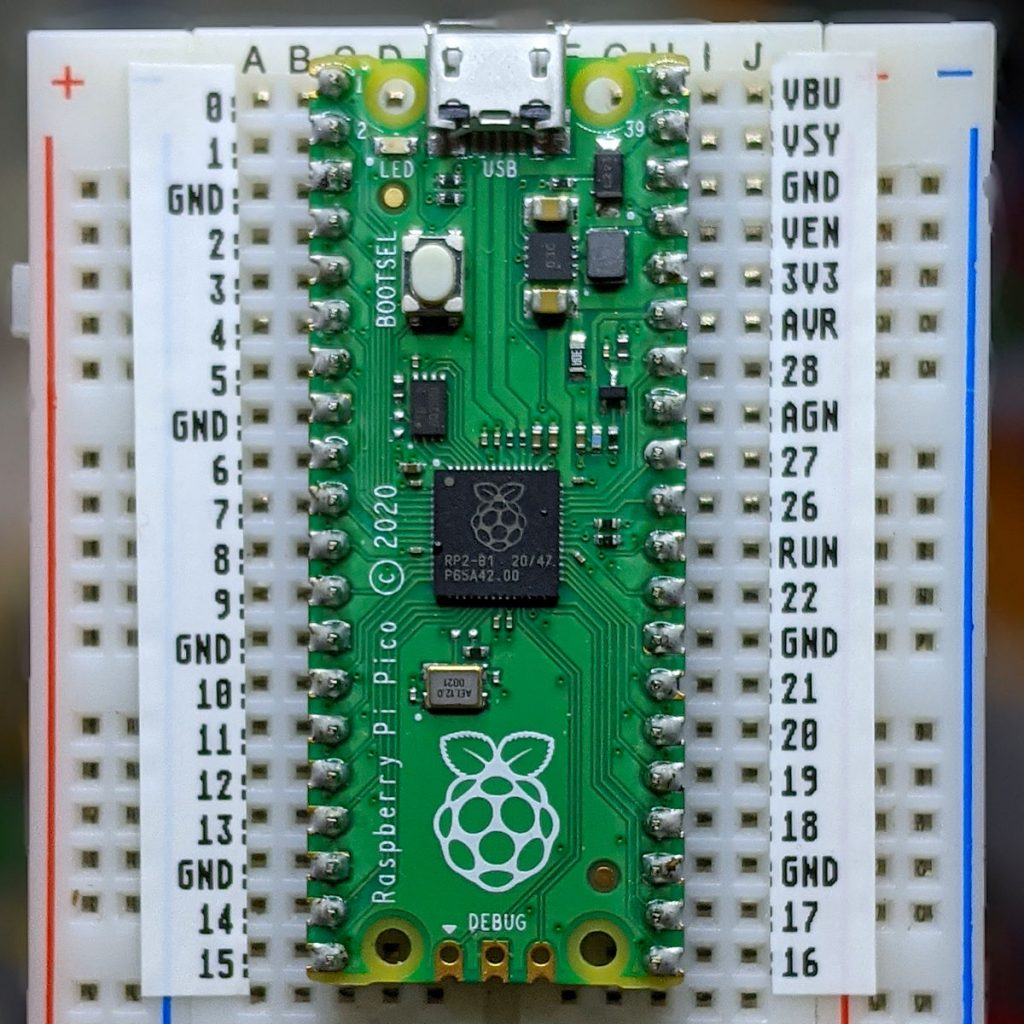 breadboard with Raspberry Pi Pico attached, and two labels running down the sides with the pin names