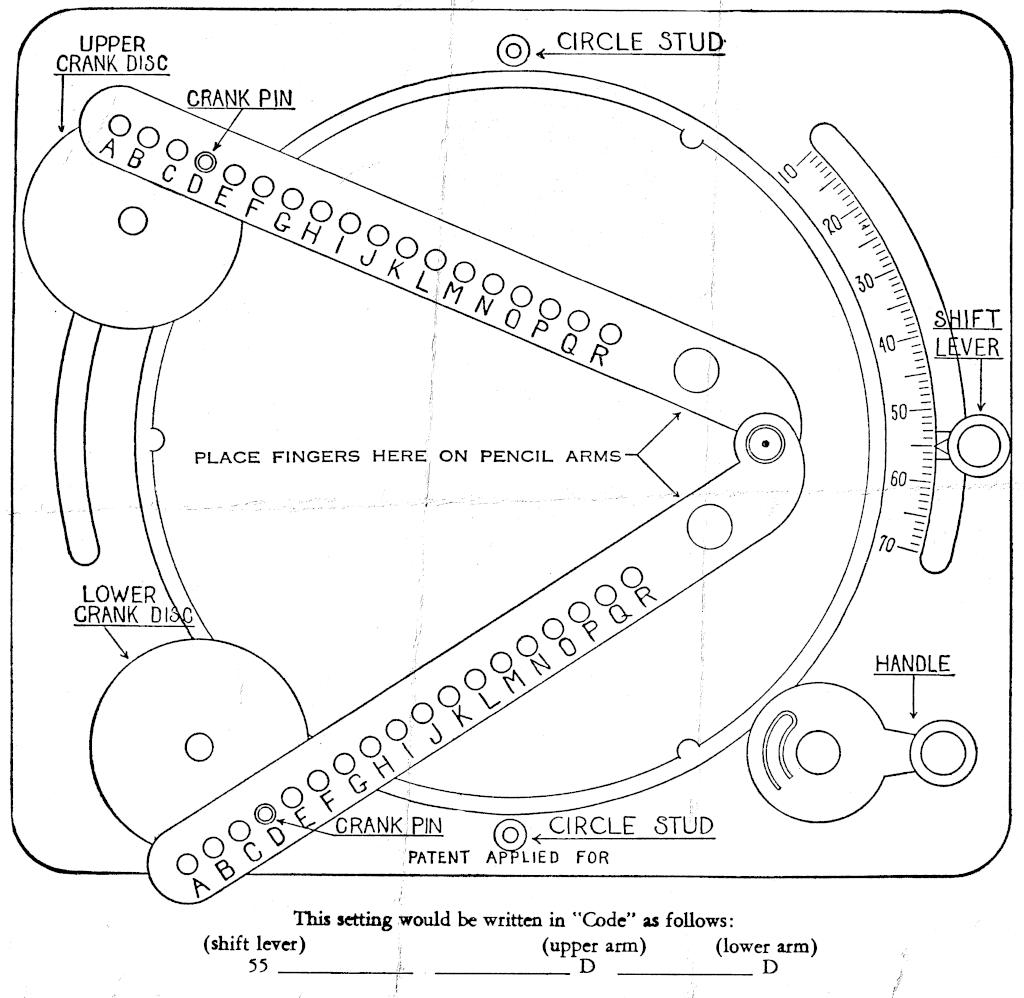 diagram of the Magic Designer toy: central turntable holding paper is rotated by crank at bottom right. On the left are two crank discs (upper and lower) each with a crank pin that can fit into holes along two arms. These arms are joined at a pivot, and in the centre of this pivot is a pencil.

The upper crank disc can be moved in an arc relative to the lower disc. This is controlled by a locking shift lever on the right