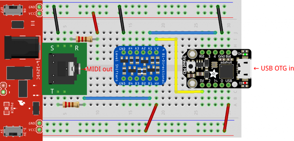 breadboard showing Trinket M0 microcontroller board, logic level shifter, audio socket breakout and two resistors