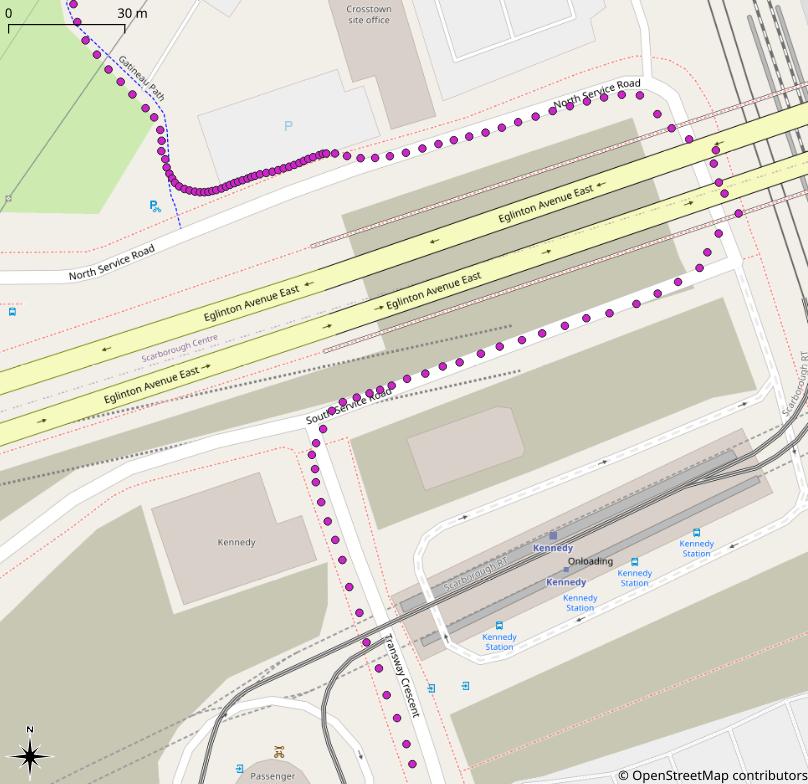 OpenStreetMap image of a route from north to south through Kennedy Station on roads that have been dug up for the last few years