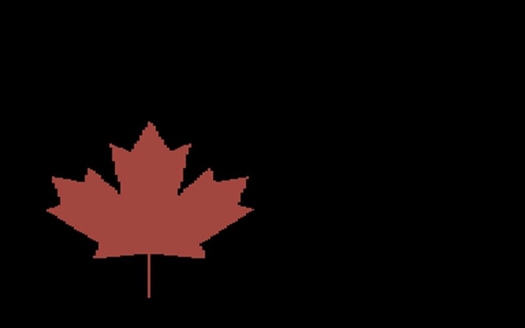 a lo-res red maple leaf in the bottom left corner of a black screen