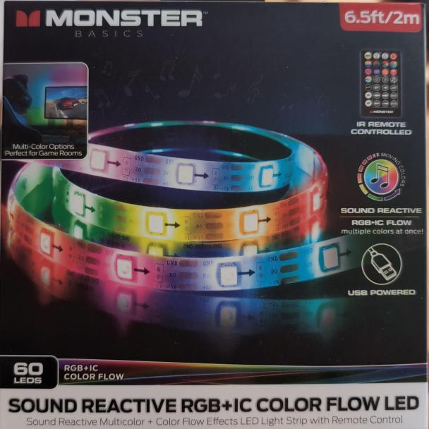 box of "Monster BASICS" Sound reactive RGB+IC Color Flow LED strip