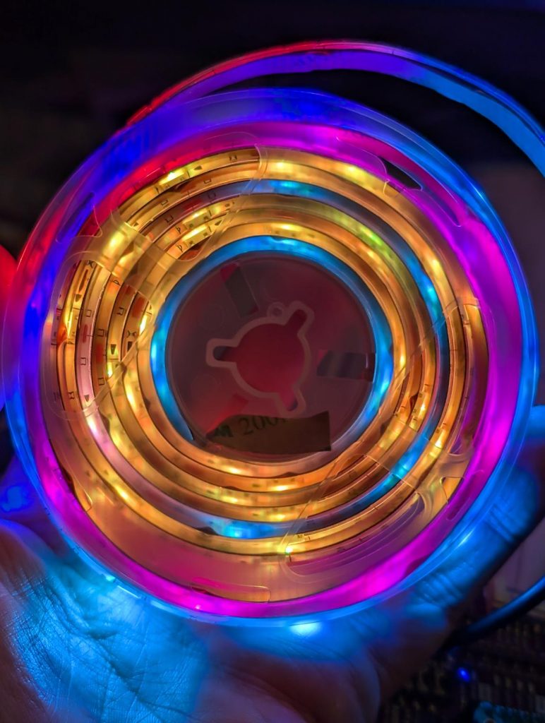 a glowing multicolour reel of of LEDs