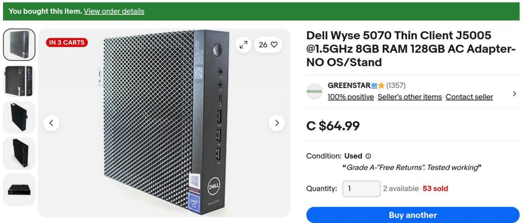 ebay sold item page for "Dell Wyse 5070 Thin Client J5005 @1.5GHz 8GB RAM 128GB AC Adapter- NO OS/Stand" with picture of a small thin client computer box