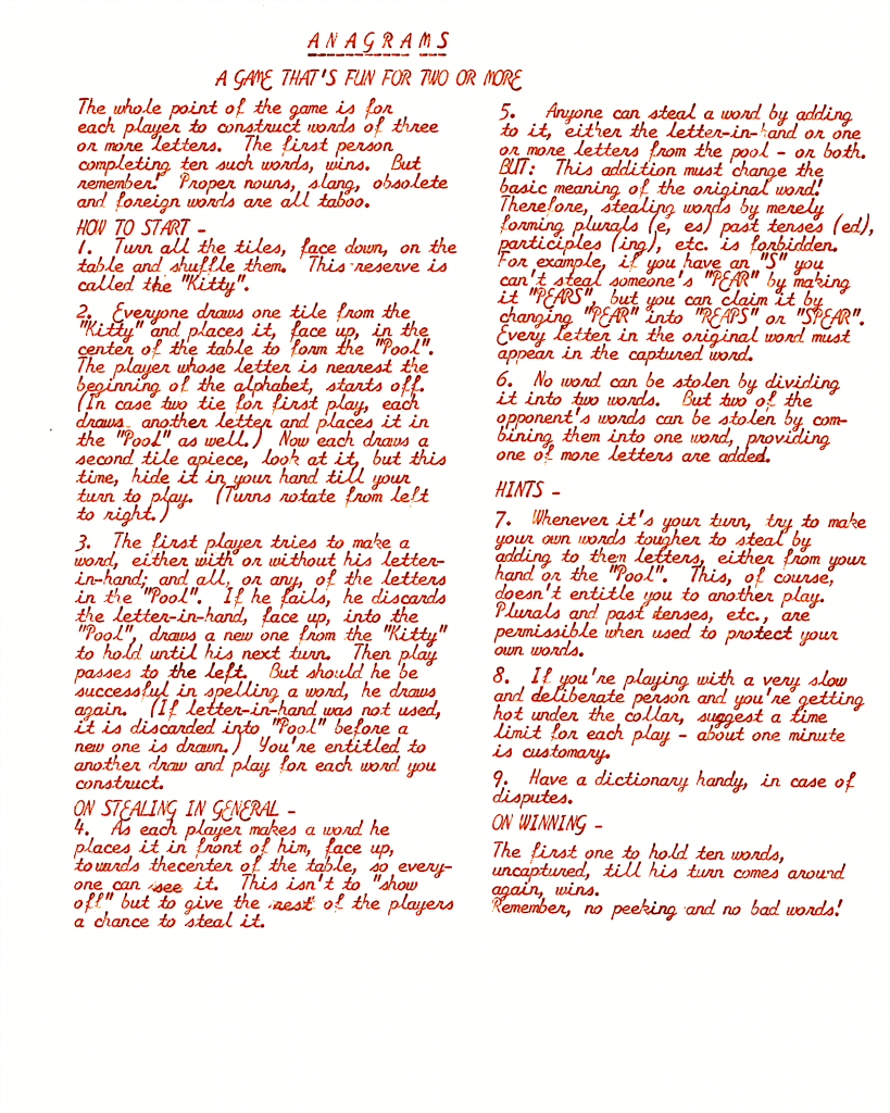 Scrabble® Anagrams instructions, typed in two columns in a weird cursive-like typewriter font.