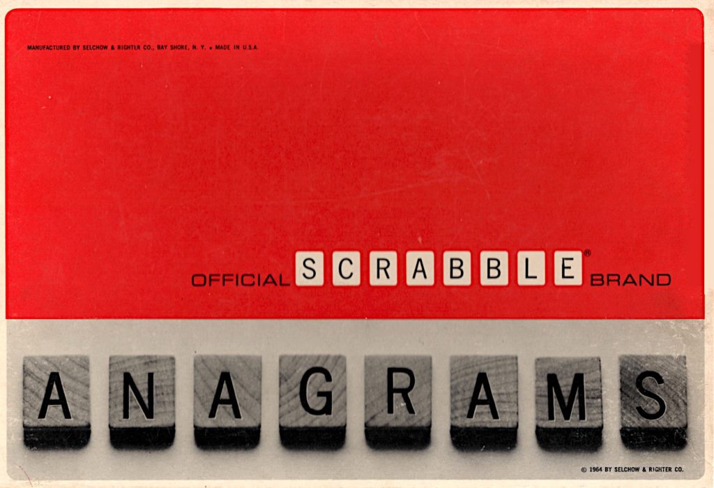 game box with red top saying Official Scrabble® Brand ANAGRAMS with the last word picked out in pictures of rectangular wooden game tiles