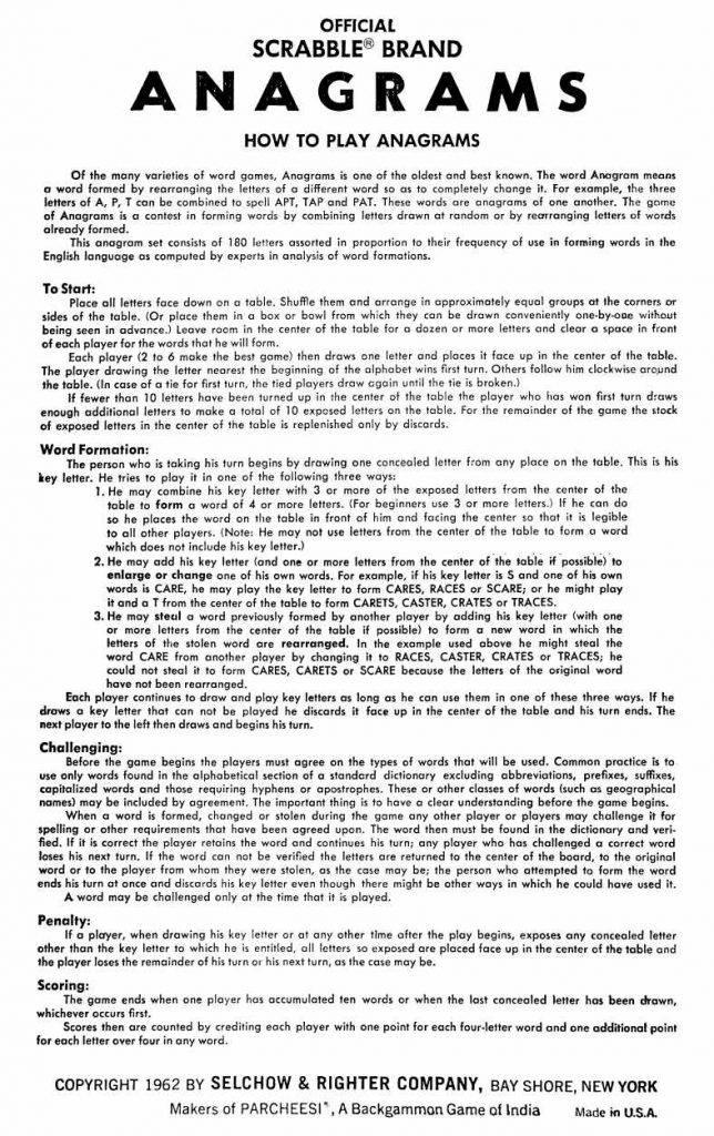 Scrabble® Anagrams instructions - the full text is later in the article