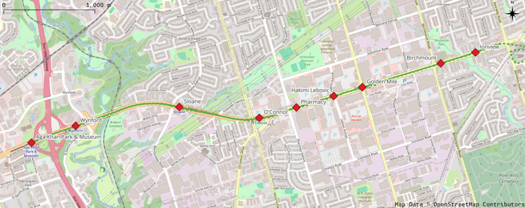 Map of Eglinton Avenue East, showing Crosstown stations from Aga Khan Park & Museum to Ionview