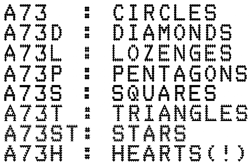 font sample of a dot-matrix font where each character is made up of dots that are circles, diamonds, lozenges, pentagons, squares, triangles, stars or hearts